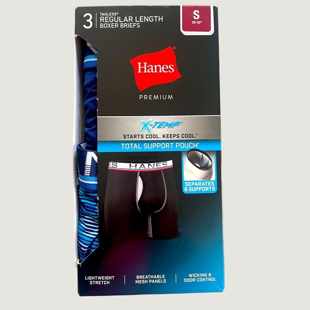 Hanes Premium Boxer Briefs Mens Small Blue Black Tagless Stretch Breathable New